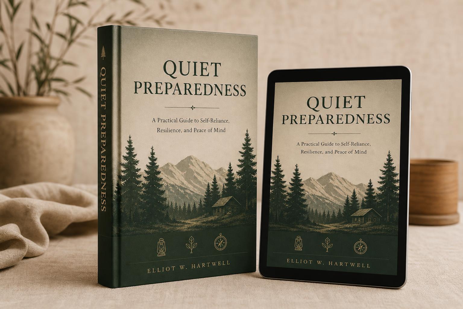 Quiet Preparedness book bundle: the physical paperback shown with three printed bonus guides fanned beside it