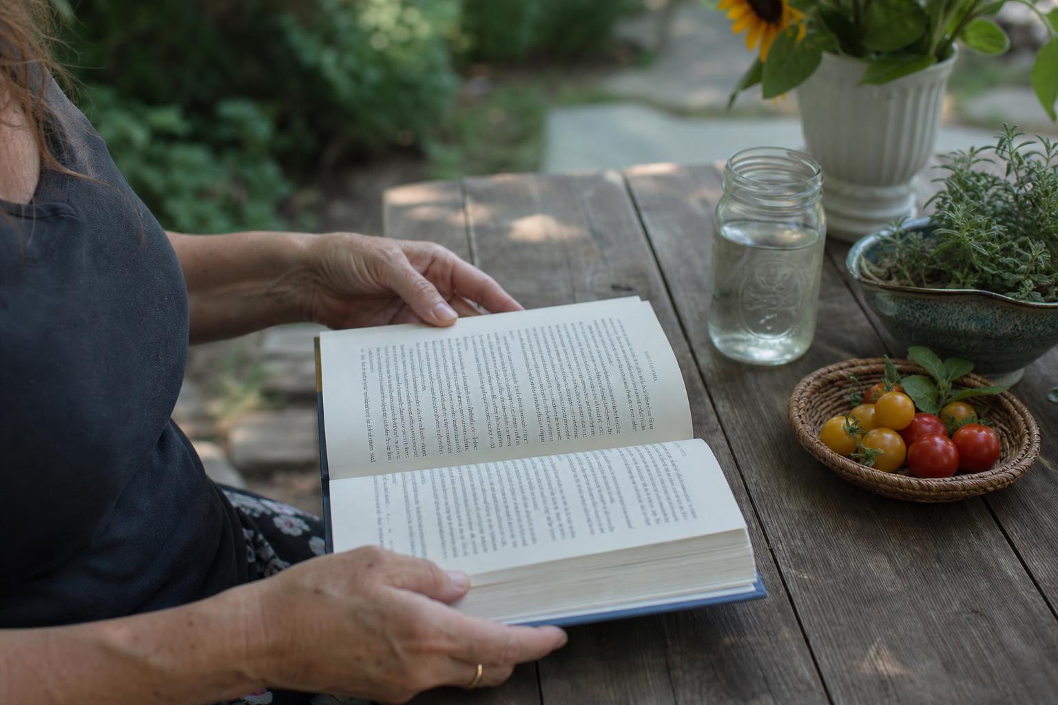 A reader holding the physical Quiet Preparedness book at a wooden table in a garden
