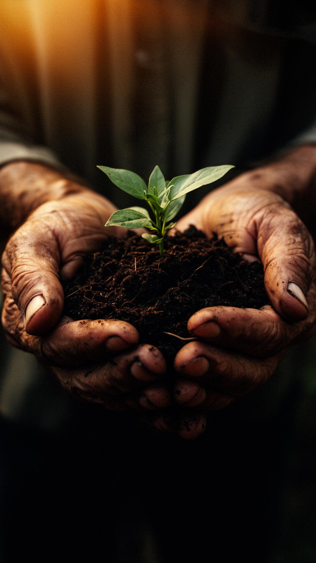 Hands holding soil with seedling