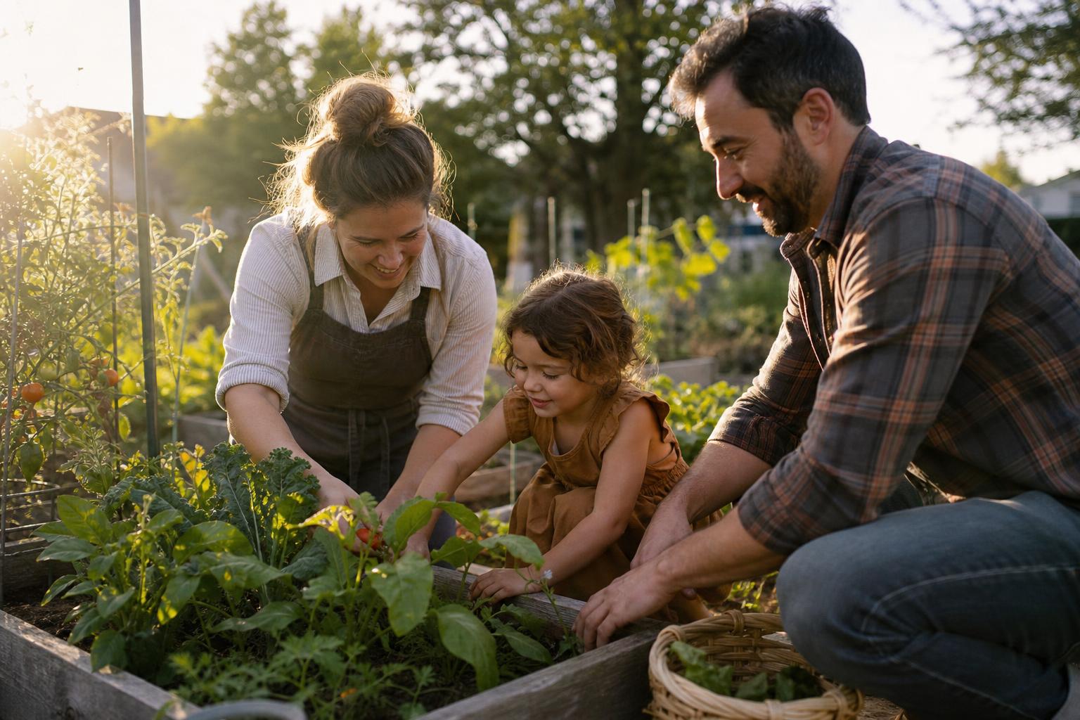 A suburban family harvesting vegetables together in their backyard garden at golden hour